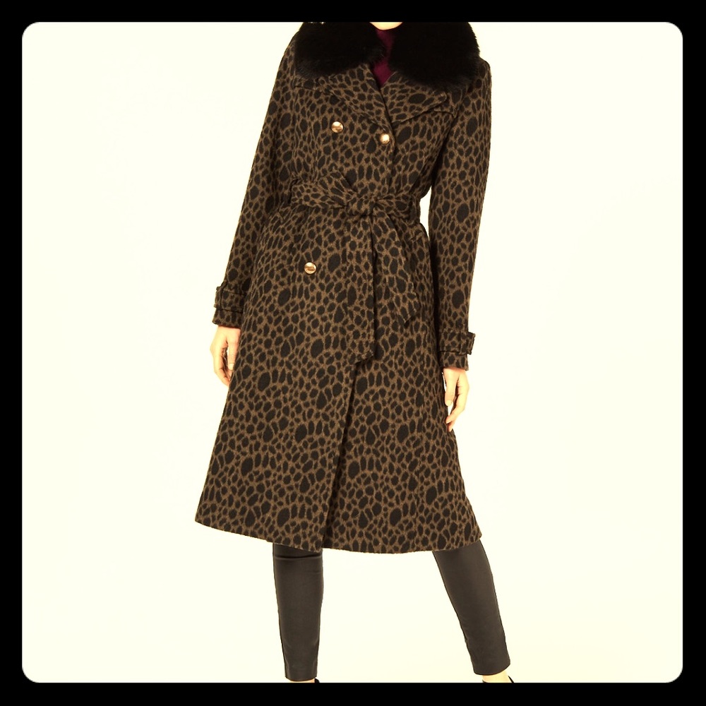 Leopard Printed Fox Fur Collar Coat